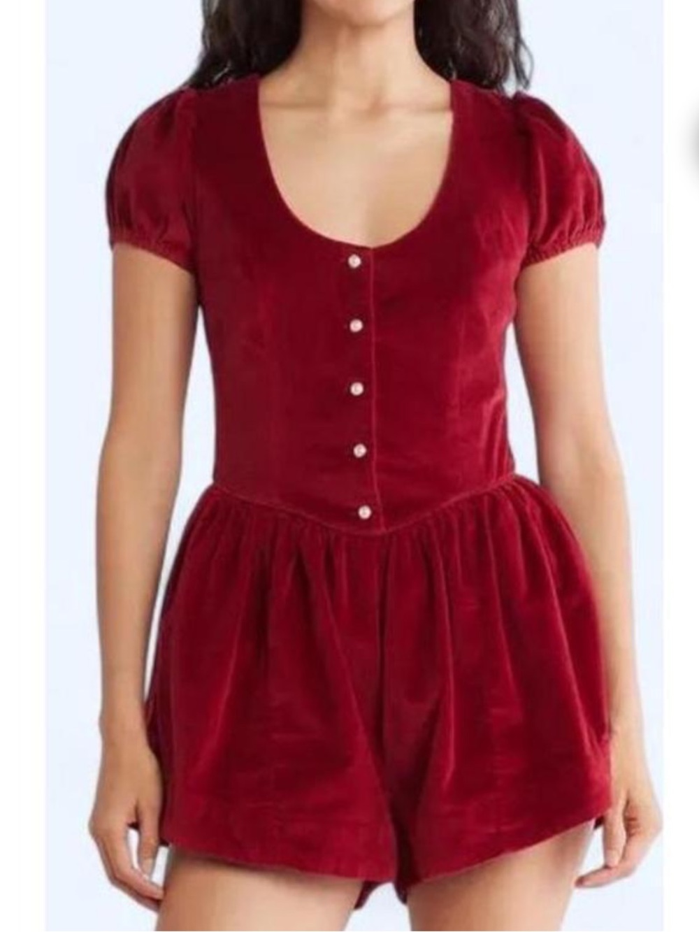 FREE PEOPLE Silver Bells Velvet Romper Red Puff Sleeves Button Front Size XS